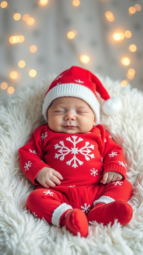 A cute newborn in a red Christmas outfit with snowflakes, lying on a white blanket with fairy lights.